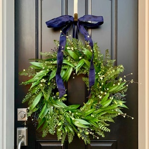 Spring Fern and Bay Leaf Wreath with Blueberries, Outdoor Fern Wreaths for Front Door