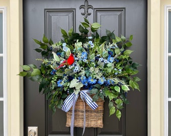 Summer Cottage Door Basket Wreath, Blue Wildflower Decorative Basket for Door, Remembrance Decoration for Door, Handcrafted by Twoinspireyou