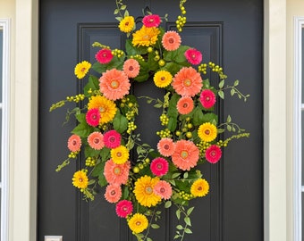 Spring Wreaths, Oval Spring Wreath for Front Door, Gerber Daisy Wreath, Yellow Daisy Wreath, Wreaths for Spring, Spring Door Wreath, Wreaths