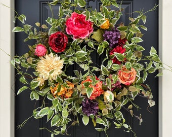 READY TO SHIP Front Door Wreaths for Summer, Flower Garden Wreath, Colorful Year Round Wreath, Best Seller