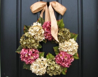 Hydrangea Wreaths, Summer Wreaths, Summer Hydrangea Wreaths, Summer Decorative Wreaths, Pink Hydrangeas, Green Hydrangeas