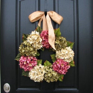 Hydrangea Wreaths, Summer Wreaths, Summer Hydrangea Wreaths, Summer Decorative Wreaths, Pink Hydrangeas, Green Hydrangeas image 1