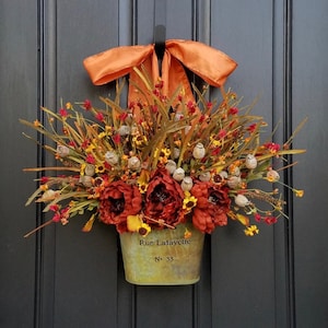 Fall Front Door Decor, Autumn Wild Flowers Container, FALL WREATH, Fall Floral Arrangement, Paris Bucket Flowers, Fall Wreath Alternative