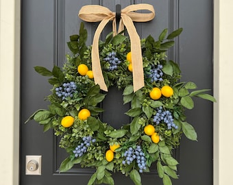 Lemons and Blueberries Wreaths, 24" Lemon and Blueberry Wreath, NEW 2023 Spring Door Wreaths