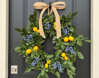 TOP SELLER Front Porch Wreaths, Spring Wreaths, Lemons and Blueberry Wreath, Yellow Lemons Wreath, Boxwood and Lemons, Summer Door Wreaths