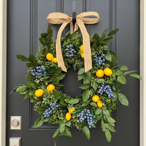 TOP SELLER Front Porch Wreaths, Spring Wreaths, Lemons and Blueberry Wreath, Yellow Lemons Wreath, Boxwood and Lemons, Summer Door Wreaths