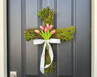 Easter Cross for Front Door, Cross Wreath, Easter Decor, Tulips for Easter, Easter Gifts for Mom, Retirement Home Decor