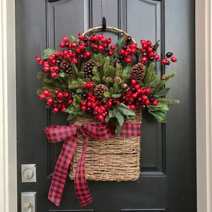 Basket of Christmas Cheer, Christmas Door Basket Wreaths NEW, Holiday Wreaths and Baskets, Buffalo Check Ribbon for Decorating