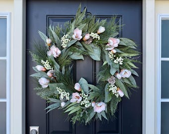 Pink Magnolia Flower Wreath - Winter Bayleaf and Pine Wreath