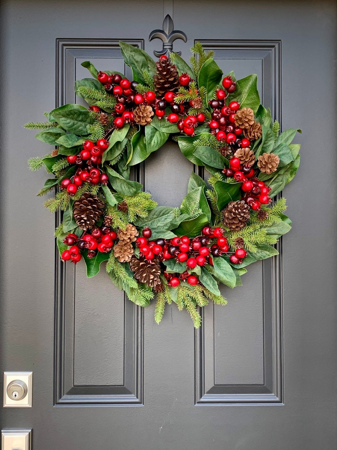 Christmas Magnolia and Red Berry Wreaths, Pine and Pinecone Door Hanger