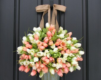 Tulips Farmhouse Door Wreaths Tulips Mother's Day Wreath Easter Wreaths Easter Tulips Trending Wreaths Shabby Chic Decor