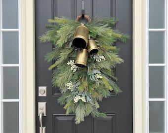 Carol of the Bells, Christmas Pine Teardrop Swag Wreath with Decorative Bells
