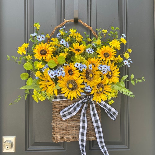 Summer Blue and Yellow Sunflower Basket Front Door Flower - Etsy Summer Blue And Yellow Sunflower Basket Front Door Flower - Etsy