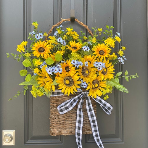 Summer Blue And Yellow Sunflower Basket Front Door Flower - Etsy