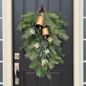 Carol of the Bells, Christmas Pine Teardrop Swag Wreath with Decorative Bells