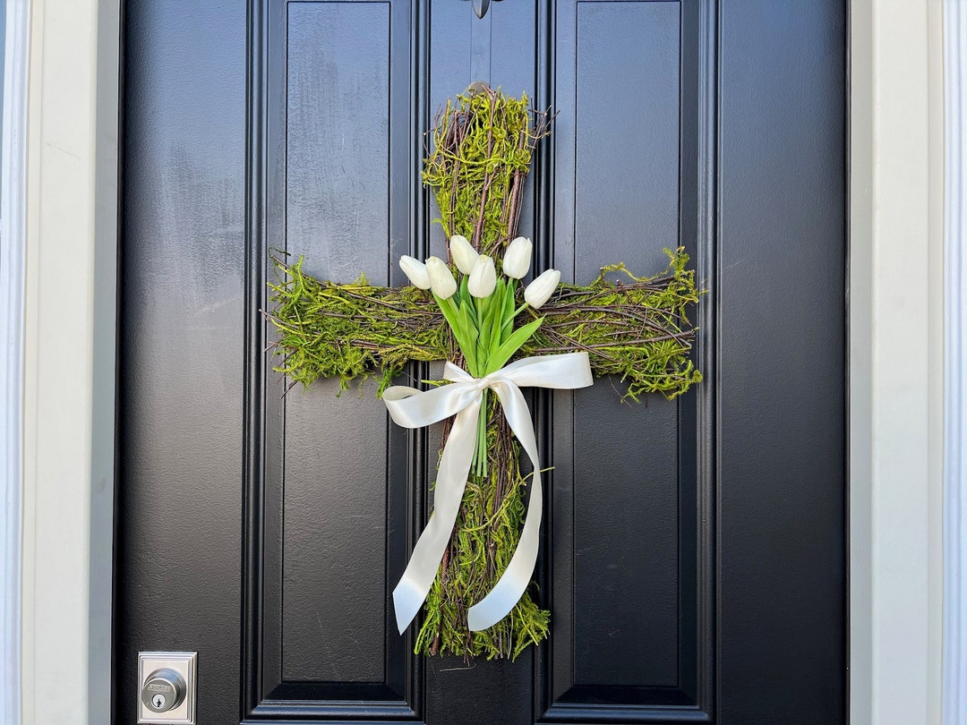 READY TO SHIP Easter Cross for Front Door, Cross Wreath, Easter Decor ...