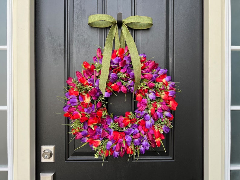 Berry Jam Vibrant Tulip Wreath, Spring Front Door Hanger, Gift for Mom image 1