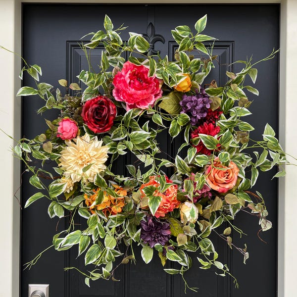 Vibrant Front Door Floral Wreaths for Spring and Summer, Bold Colorful Year Round Wreath