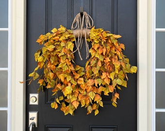 Autumn Outdoor Birch Branch Wreath with Leaves