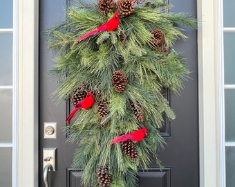 Winter Pine Teardrop Wreath for Front Door, Faux Pine Wreath for Christmas Decorating