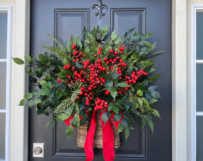 XL Winter Greenery & Red Berry Door Bucketmetal White Winter Door