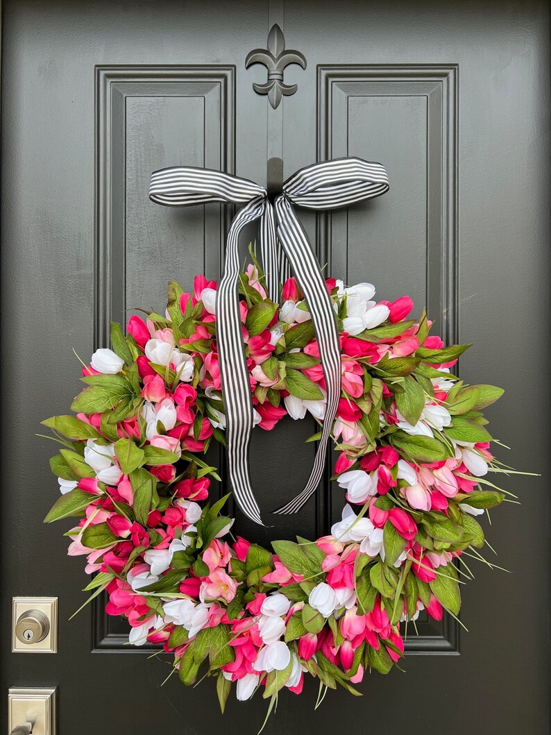 Spring Tulip Wreaths, NEW Pink Tulip Wreath for Spring with Black and White Ribbon image 1