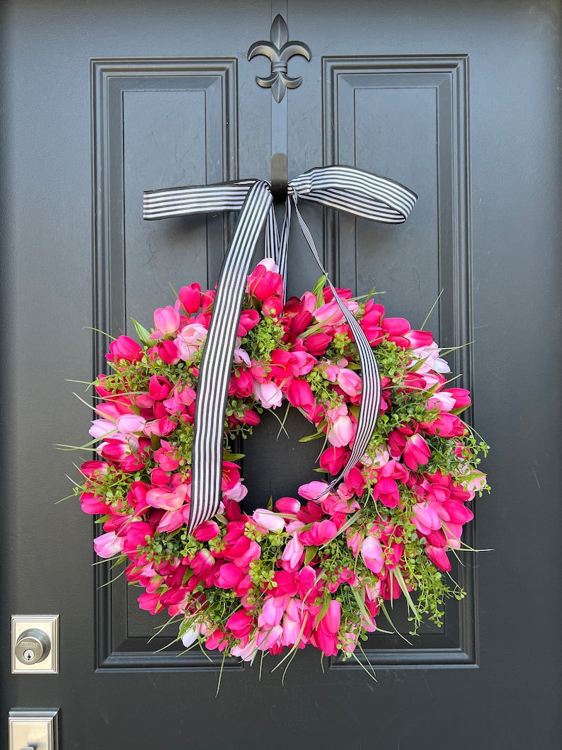 Pink Tulip Wreath, Spring Front Door Tulip Wreath image 2