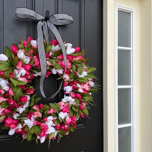 Spring Tulip Wreaths, NEW Pink Tulip Wreath for Spring with Black and White Ribbon image 3