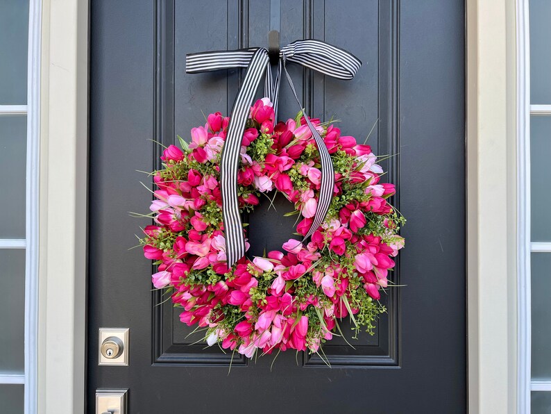 Pink Tulip Wreath, Spring Front Door Tulip Wreath image 1