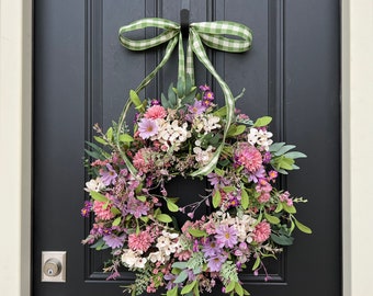 Cottage Garden Wreath, Spring Flower Bouquet Wreaths, Gifts for Her, Front Door Wreath
