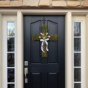 Easter Cross for Front Door, Cross Wreath, Easter Decor, Tulips for Easter, Front Door Wreath image 3