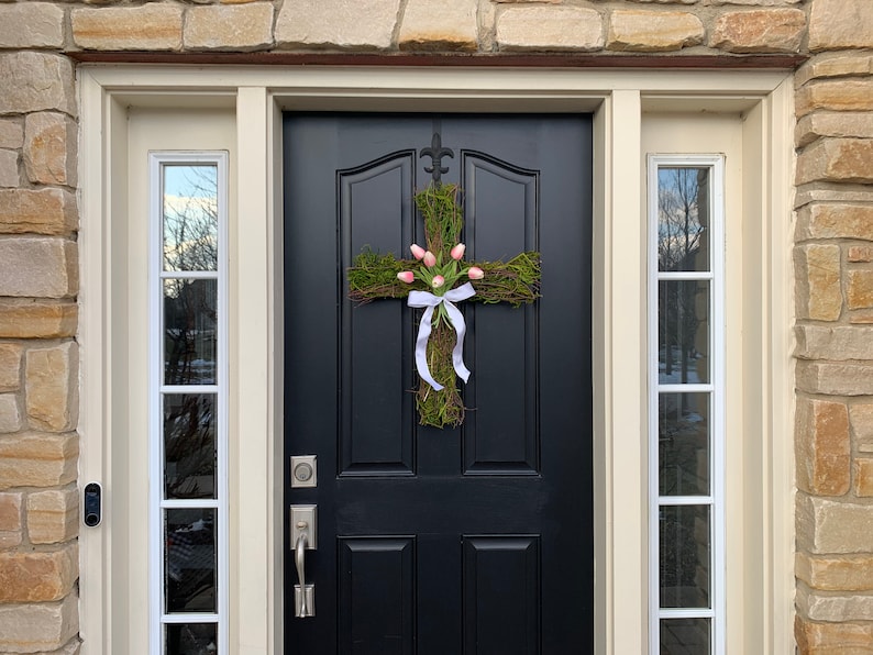 Easter Cross for Front Door, Cross Wreath, Easter Decor, Tulips for Easter, Front Door Wreath image 3