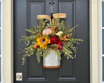 Fall Sunflower Bucket Door Wreath, Fern & Gourd Bucket Decor