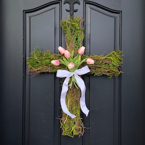Easter Cross for Front Door, Cross Wreath, Easter Decor, Tulips for Easter, Front Door Wreath Light Pink (shown)