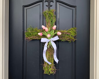 Front Door Wreath, Easter Cross for Front Door, Cross Wreath, Easter Decor, Easter Tulips