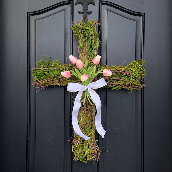 Front Door Wreath, Easter Cross for Front Door, Cross Wreath, Easter Decor, Easter Tulips