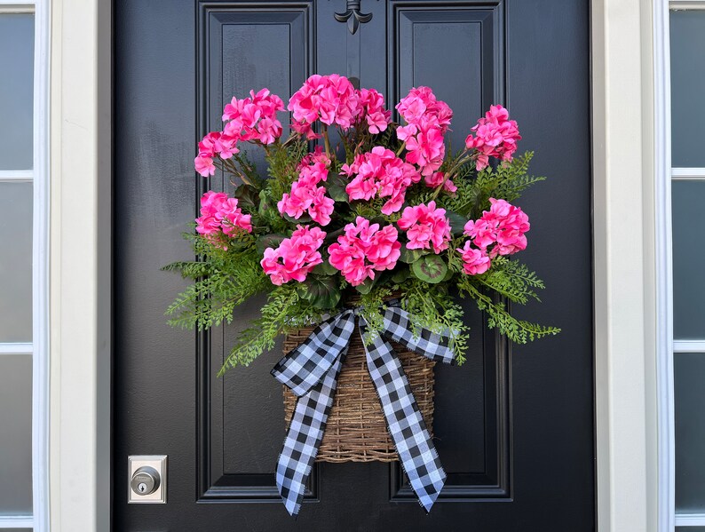 Summer Red Geranium Basket, Front Door Baskets for Summer Pink