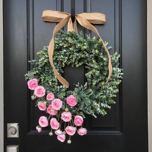 Eucalyptus Wreath, Pink Ranunculus Wreaths, Decorative Wreaths, Spring Wreaths, Wreath for Spring, Summer Wreaths, Year Round Wreaths