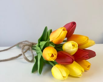 Real Touch Tulip Bouquet, Faux Natural Tulip Bundle, 12 stem floral decor, High quality artificial flowers, Spring Sunrise tulips