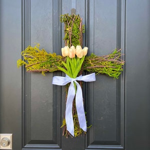 Easter Cross for Front Door, Cross Wreath, Easter Decor, Tulips for Easter, Front Door Wreath Peach Fuzz
