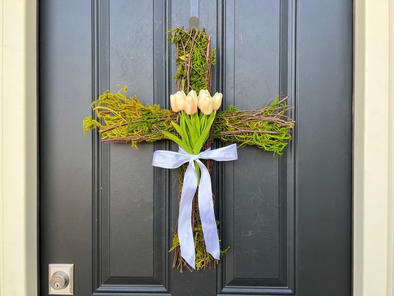 Easter Cross for Front Door, Cross Wreath, Easter Decor, Tulips for Easter, Front Door Wreath Peach Fuzz