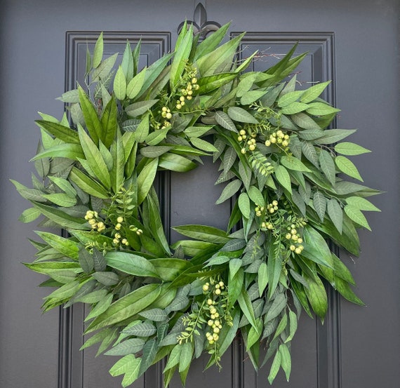 Year Round Greenery Door Wreath, Front Door Wreaths, Modern Farmhouse Wreath,  Minimalist Door Decor, Bayleaf and Willow Door Hanger 