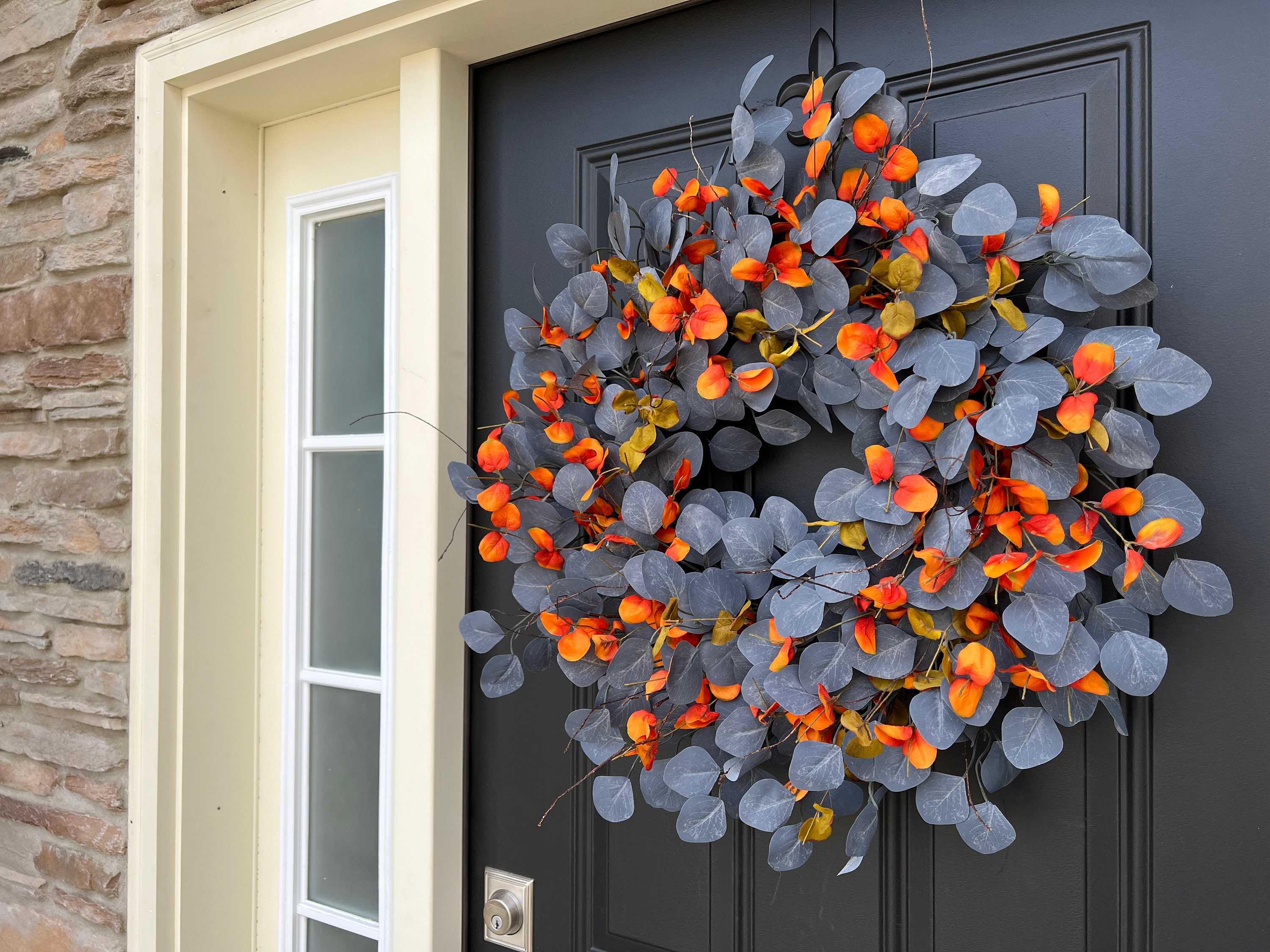 Blue Eucalyptus Wreath, Fall Front Door Wreaths, Blue and Orange Decor ...