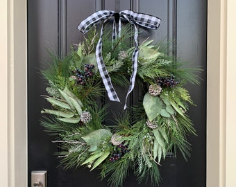Winter Pine, Blueberry and Gatherings Wreath, Front Door Holiday Wreath