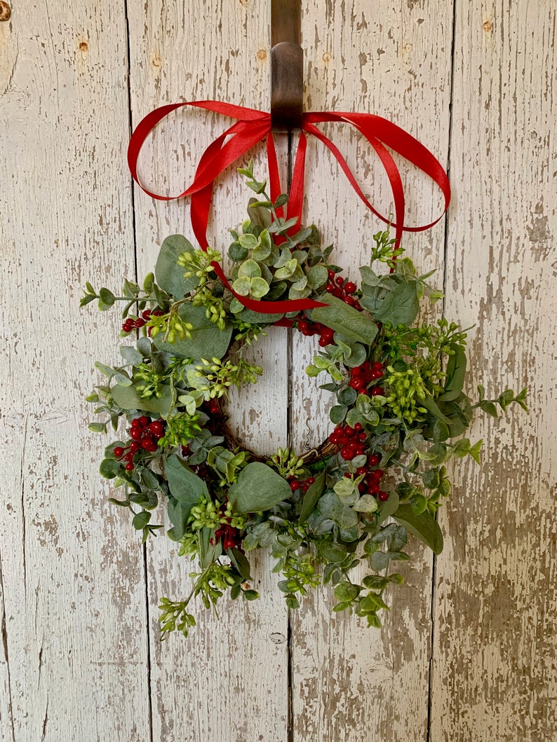 Window Wreaths Mini Decor Wreath Small Eucalyptus and Red Etsy
