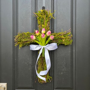 Easter Cross for Front Door, Cross Wreath, Easter Decor, Tulips for Easter, Front Door Wreath Purple Blend