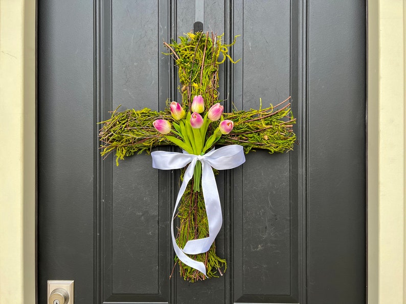 Easter Cross for Front Door, Cross Wreath, Easter Decor, Tulips for Easter, Front Door Wreath Purple Blend