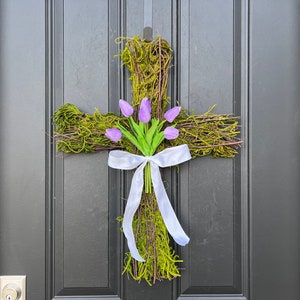 Easter Cross for Front Door, Cross Wreath, Easter Decor, Tulips for Easter, Front Door Wreath Lavender