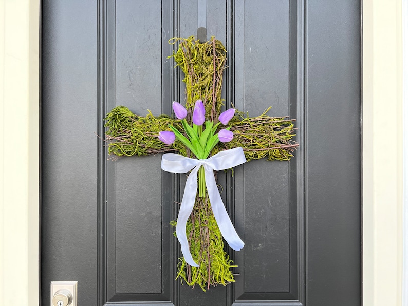 Easter Cross for Front Door, Cross Wreath, Easter Decor, Tulips for Easter, Front Door Wreath Lavender