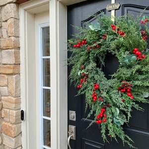 Christmas Wreaths for Front Door, Artificial Holiday Pine Wreath with Red Berries image 6